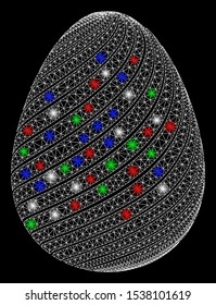 Bright mesh abstract egg with diagonal stripes with glow effect. White wire carcass triangular mesh in vector format on a black background. Abstract 2d mesh designed with triangular lines, dots,