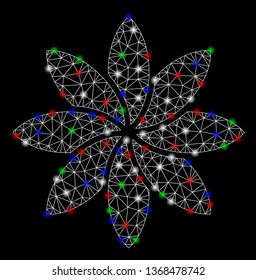 Bright mesh abstract flower with glow effect. White wire frame triangular mesh in vector format on a black background. Abstract 2d mesh designed with triangular lines, small circle,