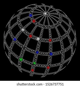 Bright mesh abstract sphere grid with glare effect. White wire carcass triangular network in vector format on a black background. Abstract 2d mesh designed with triangles, points, colored light spots.