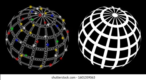 Bright mesh abstract sphere grid icon with glare effect. Abstract illuminated model of abstract sphere grid. Shiny wire carcass polygonal mesh abstract sphere grid icon.