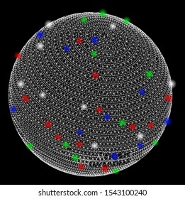 Bright mesh abstract sphere spectrum stripes with glare effect. White wire carcass triangular mesh in vector format on a black background. Abstract 2d mesh designed with triangular lines, dots,