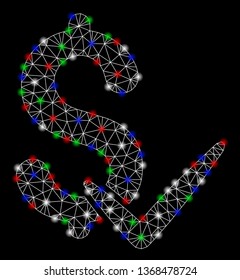Bright mesh accept money with glow effect. White wire frame triangular mesh in vector format on a black background. Abstract 2d mesh designed with triangular lines, dots, colored glare spots.