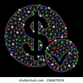 Bright mesh accept payment with glow effect. White wire carcass polygonal mesh in vector format on a black background. Abstract 2d mesh designed with triangles, small circle, colored light spots.