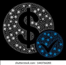 Bright mesh accept payment with glow effect. Shiny wire frame triangular mesh in vector format on a black background. Abstract 2d mesh designed with polygonal grid, round dots, glossy glare spots.