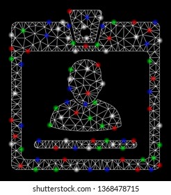 Bright mesh access badge with glare effect. White wire carcass triangular mesh in vector format on a black background. Abstract 2d mesh designed with triangular lines, dots, colorful glare spots.