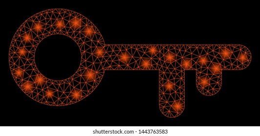 Bright mesh access key with lightspot effect. Shiny wire frame triangular mesh in vector format on a black background. Abstract 2d mesh designed with triangular lines, points, glowing light spots.