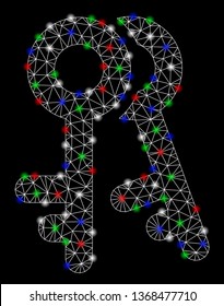 Bright mesh access keys with glow effect. White wire frame triangular mesh in vector format on a black background. Abstract 2d mesh designed with triangular lines, dots, colorful light spots.