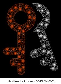 Bright mesh access keys with glow effect. Shiny wire frame polygonal mesh in vector format on a black background. Abstract 2d mesh designed with polygonal grid, dots, glossy glare spots.