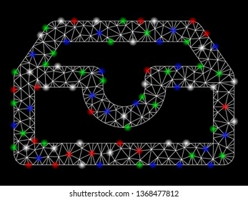 Bright mesh account box with glare effect. White wire carcass triangular mesh in vector format on a black background. Abstract 2d mesh designed with triangular lines, spheric points,
