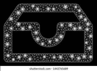 Bright mesh account box with glare effect. Shiny wire carcass triangular mesh in vector format on a black background. Abstract 2d mesh designed with triangular lines, small circle,
