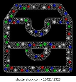 Bright mesh account boxes with lightspot effect. White wire carcass polygonal mesh in vector format on a black background. Abstract 2d mesh designed with polygonal grid, spheric points,
