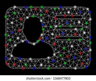 Bright mesh account card with glare effect. White wire carcass polygonal mesh in vector format on a black background. Abstract 2d mesh built from polygonal grid, spheric points, colorful glare spots.