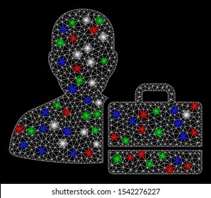Bright mesh accounter with glare effect. White wire carcass triangular network in vector format on a black background. Abstract 2d mesh designed with polygonal grid, round dots, colored glare spots.