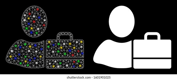Bright mesh accounter icon with glare effect. Abstract illuminated model of accounter. Shiny wire frame polygonal mesh accounter icon. Vector abstraction on a black background.