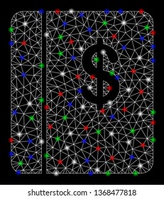 Bright mesh accounting book with lightspot effect. White wire carcass polygonal network in vector format on a black background. Abstract 2d mesh designed with polygonal grid, dots,