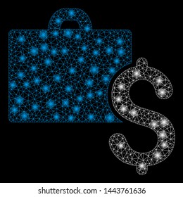 Bright mesh accounting with glare effect. Shiny wire frame polygonal mesh in vector format on a black background. Abstract 2d mesh created from polygonal grid, dots, glossy glare spots.