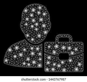 Bright mesh accounting with lightspot effect. Shiny wire carcass triangular mesh in vector format on a black background. Abstract 2d mesh designed with triangles, round dots, glowing flash spots.