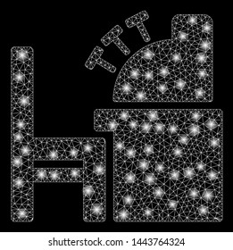 Bright mesh accounting office with glow effect. Shiny wire carcass triangular mesh in vector format on a black background. Abstract 2d mesh designed with polygonal grid, spheric points,