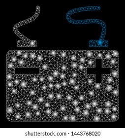 Bright mesh accumulator with glare effect. Shiny wire carcass polygonal mesh in vector format on a black background. Abstract 2d mesh designed with triangles, round dots, glossy glare spots.