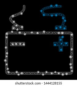 Bright mesh accumulator with glare effect. Shiny wire frame polygonal mesh in vector format on a black background. Abstract 2d mesh designed with polygonal grid, small circle, glowing glare spots.