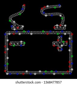 Bright mesh accumulator with glow effect. White wire frame polygonal mesh in vector format on a black background. Abstract 2d mesh designed with polygonal grid, small circle, colorful flare spots.