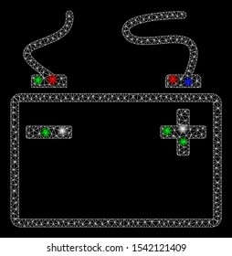 Bright mesh accumulator with glow effect. White wire carcass polygonal mesh in vector format on a black background. Abstract 2d mesh designed with polygonal grid, small circle, colorful light spots.