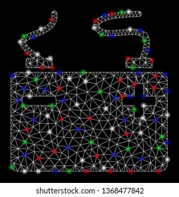 Bright mesh accumulator with lightspot effect. White wire carcass triangular mesh in vector format on a black background. Abstract 2d mesh designed with triangles, dots, colorful light spots.