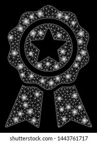 Bright mesh achievement seal with glare effect. Shiny wire carcass triangular mesh in vector format on a black background. Abstract 2d mesh designed with triangular lines, points, glossy glare spots.