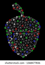 Bright mesh acorn with glare effect. White wire frame triangular mesh in vector format on a black background. Abstract 2d mesh created from triangular lines, small circle, colored light spots.