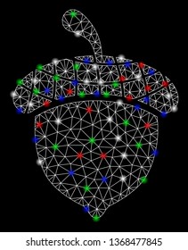 Bright mesh acorn with glare effect. White wire carcass triangular mesh in vector format on a black background. Abstract 2d mesh designed with triangular lines, spheric points, colored flare spots.