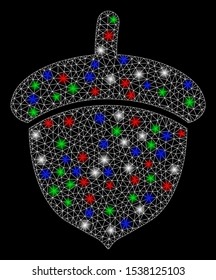 Bright mesh acorn with glare effect. White wire frame triangular mesh in vector format on a black background. Abstract 2d mesh designed with triangles, dots, colored glare spots.