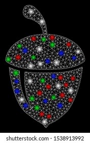 Bright mesh acorn with glare effect. White wire frame polygonal mesh in vector format on a black background. Abstract 2d mesh designed with triangular lines, small circle, colored glare spots.