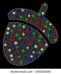 Bright mesh acorn with glare effect. White wire carcass polygonal mesh in vector format on a black background. Abstract 2d mesh built from polygonal grid, spheric points, colorful flare spots.