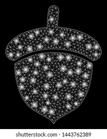 Bright mesh acorn with lightspot effect. Shiny wire carcass polygonal network in vector format on a black background. Abstract 2d mesh designed with polygonal grid, round dots, glossy flash spots.