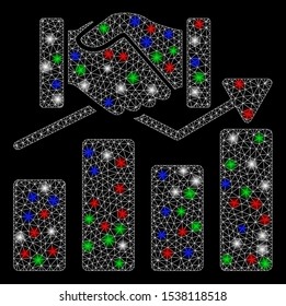 Bright mesh acquisition graph with glare effect. White wire carcass triangular network in vector format on a black background. Abstract 2d mesh designed with triangles, dots, colored glare spots.