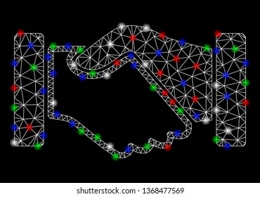 Bright mesh acquisition handshake with glow effect. White wire frame polygonal mesh in vector format on a black background. Abstract 2d mesh created from polygonal grid, small circle,