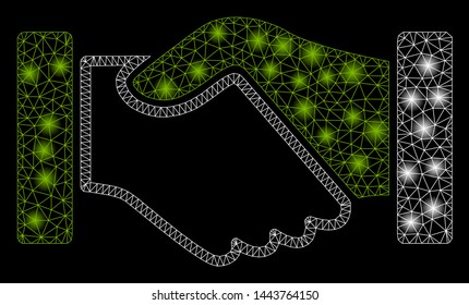 Bright mesh acquisition handshake with lightspot effect. Shiny wire carcass triangular network in vector format on a black background. Abstract 2d mesh designed with triangular lines, round dots,