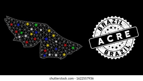 Bright mesh Acre State map with glare effect, and stamp. Wire frame triangular Acre State map mesh in vector format on a black background. White round watermark with distress texture.