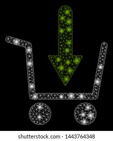 Bright mesh add to basket with lightspot effect. Shiny wire carcass triangular mesh in vector format on a black background. Abstract 2d mesh designed with polygonal grid, dots, glowing flash spots.