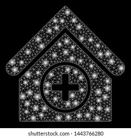 Bright mesh add building with glare effect. Shiny wire carcass polygonal mesh in vector format on a black background. Abstract 2d mesh designed with triangular lines, points, glossy glare spots.