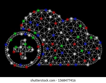 Bright mesh add cloud with glow effect. White wire frame polygonal mesh in vector format on a black background. Abstract 2d mesh designed with triangles, round dots, colorful light spots.