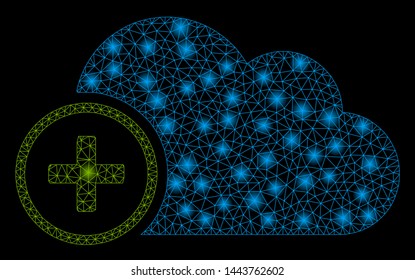 Bright mesh add cloud with glow effect. Shiny wire carcass triangular mesh in vector format on a black background. Abstract 2d mesh designed with triangular lines, points, glowing light spots.