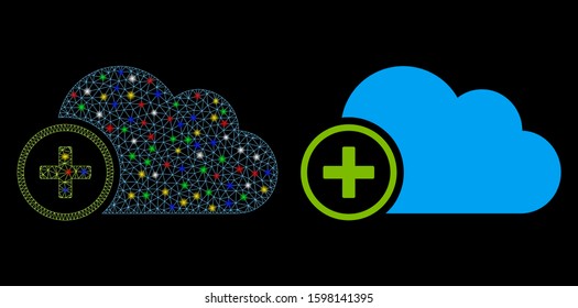 Bright mesh add cloud icon with glitter effect. Abstract illuminated model of add cloud. Shiny wire carcass polygonal mesh add cloud icon. Vector abstraction on a black background.