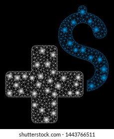 Bright mesh add dollar with glow effect. Shiny wire frame polygonal mesh in vector format on a black background. Abstract 2d mesh designed with triangles, small circle, glossy light spots.