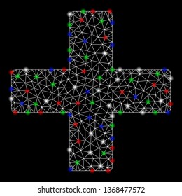 Bright mesh add with glare effect. White wire frame triangular mesh in vector format on a black background. Abstract 2d mesh designed with triangular lines, small circle, colored glare spots.