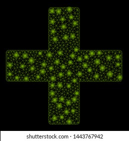 Bright mesh add with glare effect. Shiny wire carcass polygonal network in vector format on a black background. Abstract 2d mesh designed with triangular lines, small circle, glowing glare spots.