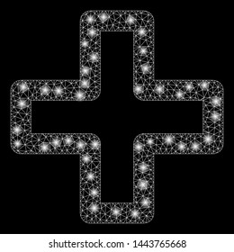 Bright mesh add with lightspot effect. Shiny wire frame polygonal mesh in vector format on a black background. Abstract 2d mesh designed with triangular lines, points, glossy flare spots.