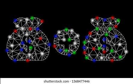 Bright mesh add money bags with glare effect. White wire carcass polygonal mesh in vector format on a black background. Abstract 2d mesh created from polygonal grid, dots, colored glare spots.