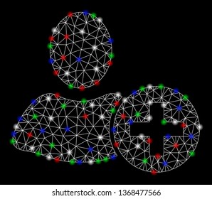 Bright mesh add user with glare effect. White wire frame polygonal mesh in vector format on a black background. Abstract 2d mesh designed with polygonal grid, round dots, colorful flare spots.