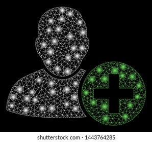 Bright mesh add user with glow effect. Shiny wire carcass polygonal mesh in vector format on a black background. Abstract 2d mesh designed with triangular lines, spheric points, glossy light spots.